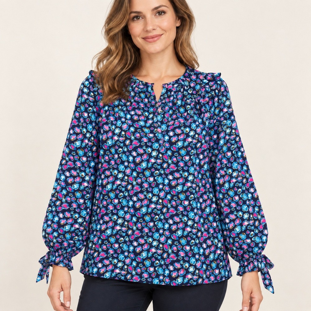 Lilly Pulitzer Silk Blouse Navy Pink Animal Leopard Print Tie Cuff Top Small